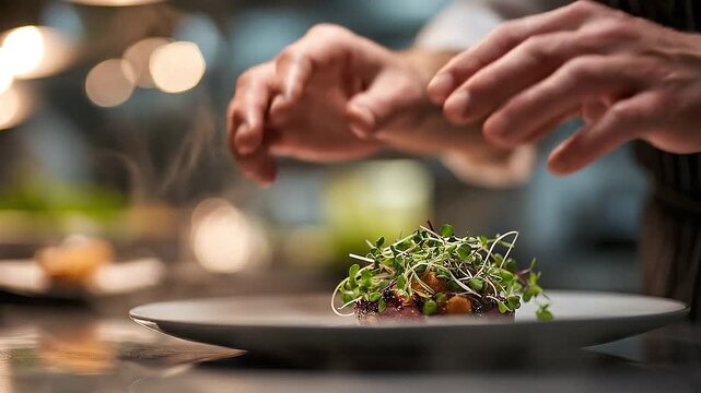 Culinary Craftsmanship: A chef delicately garnishes a vibrant plate of haute cuisine, highlighting the artistry and attention to detail involved in creating a culinary masterpiece.
