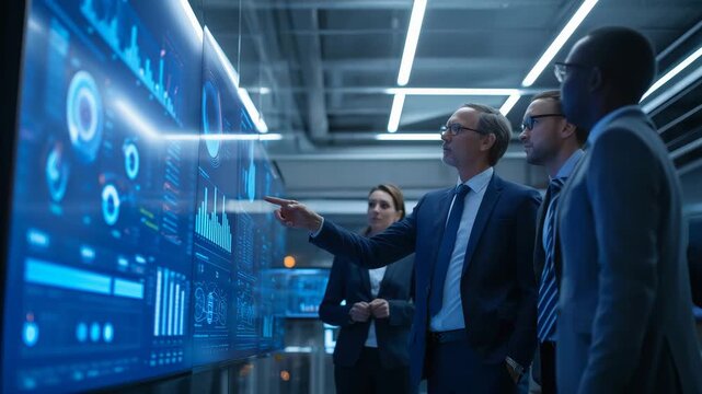Diverse business professionals analyzing complex data on large futuristic digital display screens in a modern control room environment showcasing financial charts and graphs with glowing blue