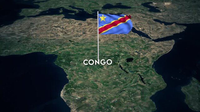 The Flag of Congo on the World Map, the Congo flag waving on the 3d map animation 4K