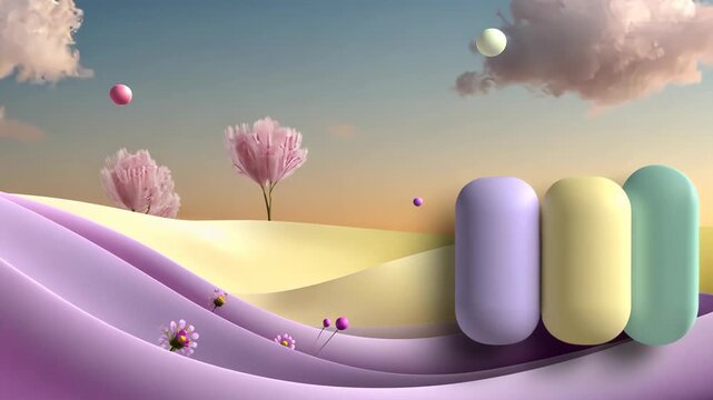 Surreal digital landscape with floating orbs, pastel colors, stylized flora, and abstract pillars