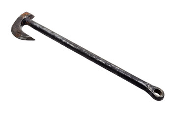 Rusty metal crowbar lying on a black background with visible wear and tear from years of use