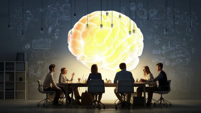 Team Brainstorming Session Meeting Room Illuminated Brain Projection Ideas Innovation Strategy Development Collaboration Creative Thinking Business Meeting Mind Map Presentation Concept