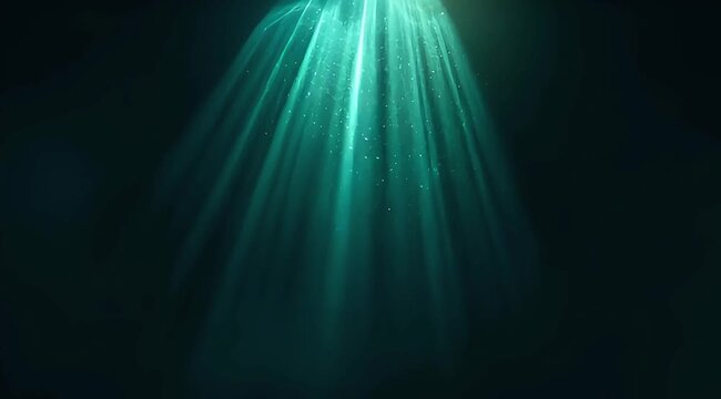 Looping teal god rays with floating particles in dark haze