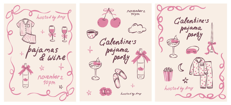 Whimsy doodle pajama party invitations set