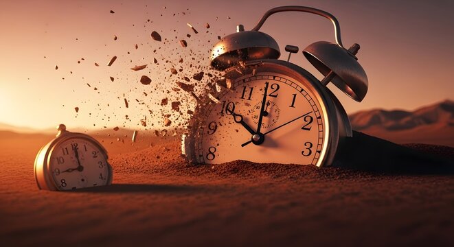 Exploding alarm clock in desert landscape at sunset