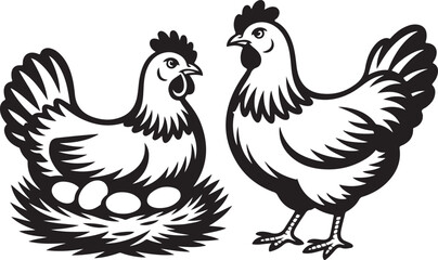Fototapeta premium Hen with eggs in nest and chicken bird for poultry farm industry. Hand drawn black and white emblem vector illustration
