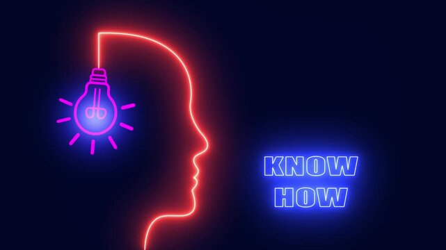 Glowing neon human head profile with bright light bulb representing creative know how and professional technical expertise