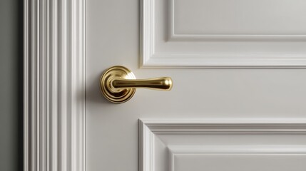Close-up of a door handle on a white door. the handle is made of brass and has a round shape with a curved handle in the center. it is attached to the door with a gold-colored metal ring.