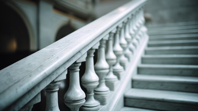 Close-up of a staircase with a white railing. the railing is made of marble and has a balustrade with intricate details. the stairs are made of stone and have a grayish-white color.