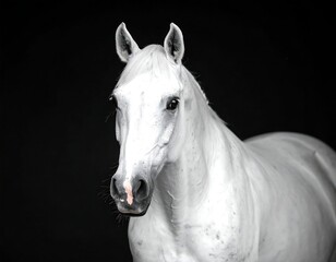 Regal white equine portrait against a stark, black backdrop