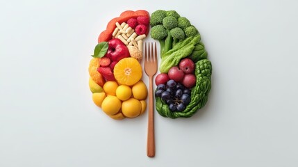 Colorful Fruit Arrangement Resembling Brain Structure with Fork Symbolizing Healthy Eating Choices