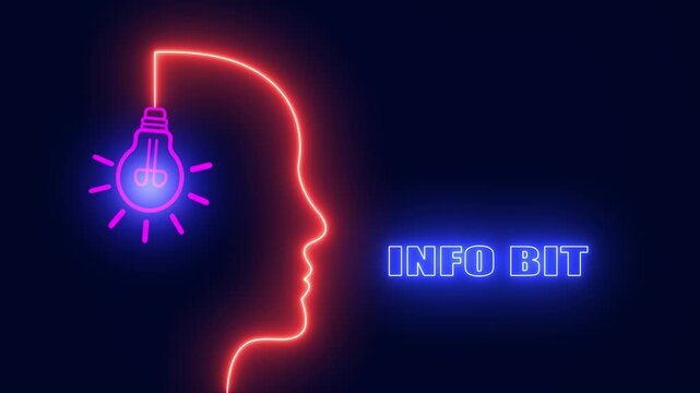 Glowing neon human head profile with bright light bulb representing creative info bit and digital data information concept