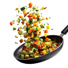 Diced colorful vegetables falling into a black pan on a dark background
