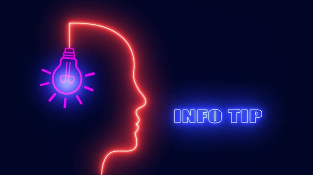 Glowing neon human head profile with bright light bulb representing creative info tip and professional information guidance
