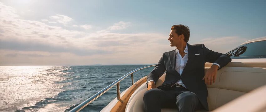 A stylish man relaxes on a luxury yacht, enjoying a calm ocean. 