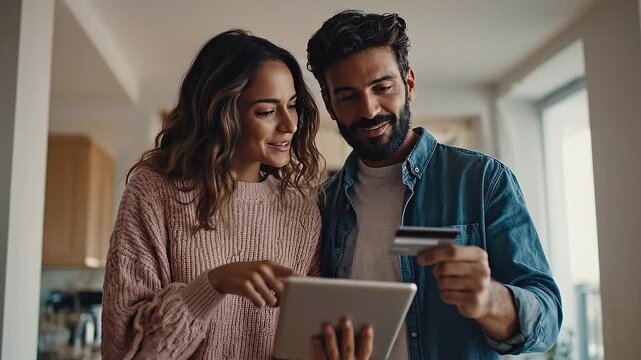 Digital Shopping Duo: A couple engages in digital shopping, engrossed in a tablet, with a credit card in hand, ready for a purchase, embodying modern convenience.