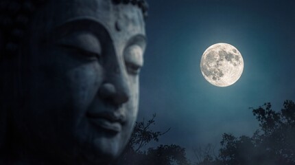 Serene Buddha statue closeup with full moon in night sky above forest silhouette spiritual meditation concept