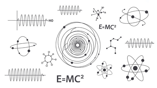Collection of physics and science icons including atomic models wave diagrams and EMC perfect for educational materials and scientific presentations