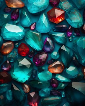 Colorful Gem Pattern on Turquoise Fabric Textured Abstract Background colorful gemstones background