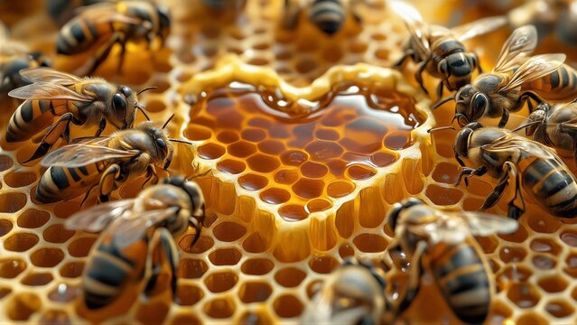 Honeybees working on a beehive