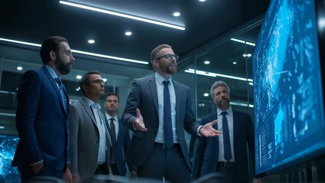 Business professionals in suits observing futuristic digital data display in modern control room analyzing global network information