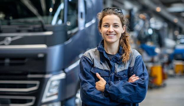 Smiling woman in blue workwear standing confidently in an industrial vehicle maintenance workshop