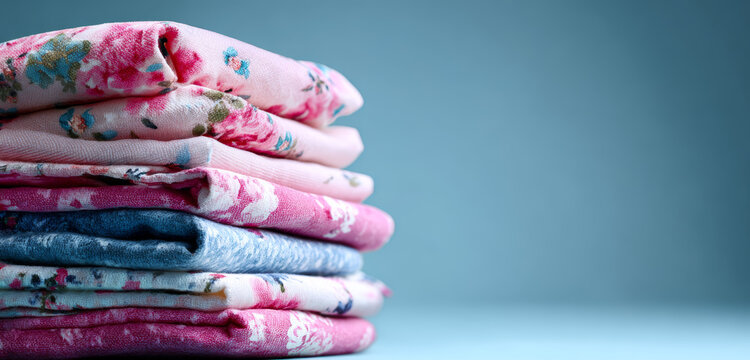 Stack of colorful folded fabrics with floral patterns and smooth textures arranged on a light blue background