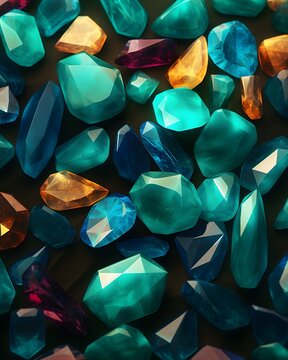 Luxury Gemstone Pattern Design on Turquoise Fabric with Rich Colors colorful gemstones background