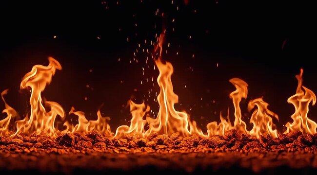 Looping fireline flames over hot coals with floating embers on black
