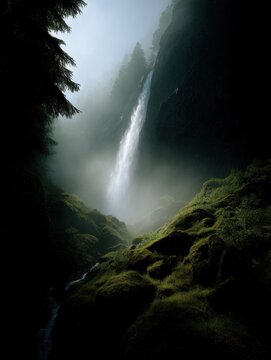 Landscape photograph of a waterfall cascading down a rocky cliff. the waterfall is surrounded by lush greenery, with tall trees on either side.