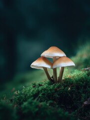 Fototapeta premium Close-up of a group of mushrooms growing on a bed of green moss. the mushrooms are light brown in color and have a round cap with a slightly curved stem.