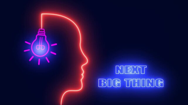Visionary next big thing concept for future innovation featuring red neon human head and bulb for creative tech ideas