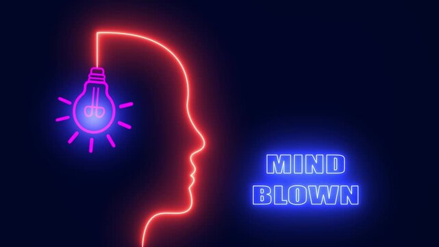 Amazing mind blown concept for genius innovation featuring red neon human head profile and bulb for sudden inspiration