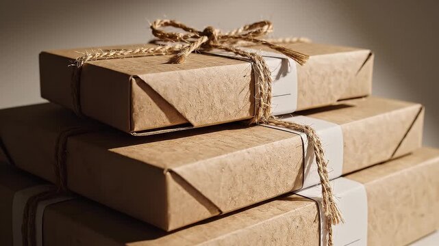 Stacked Delivery Parcels Wrapped in Kraft Paper and Jute Twine