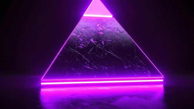 Illuminated geometric pyramid structure with neon lights, set against a dark background.