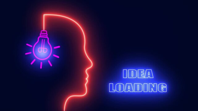 Innovative idea loading concept for creative process featuring red neon human head profile and bulb for vision progress