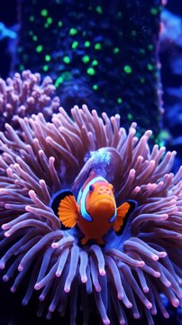 Vibrant Clownfish Nestles in Purple Anemone Underwater Reef Scene.
