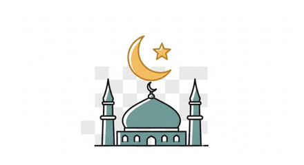 Mosque icon with crescent moon and star Islamic symbol for religious holidays and architecture flat vector illustration isolated on white