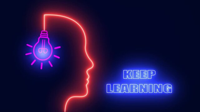 Master new skills with keep learning concept featuring neon human head and glowing light bulb for expert education