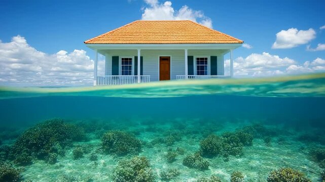 Split shot a house above and coral reef below the water, clear sky