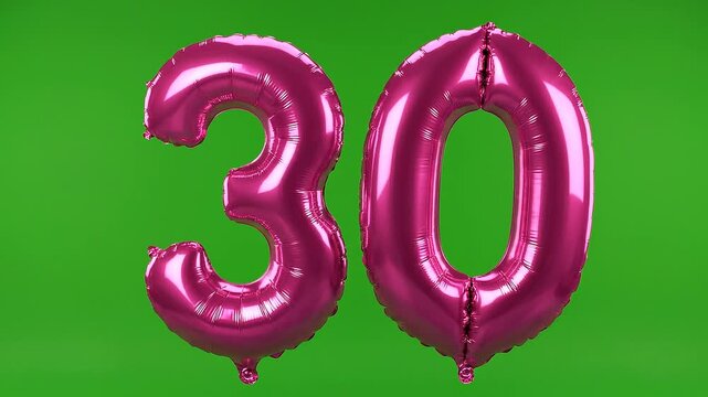 Pink balloon number 30 floating animation on green screen