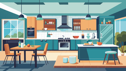 Modern kitchen and living area with a focus on workspace and socializing Vector, illustration