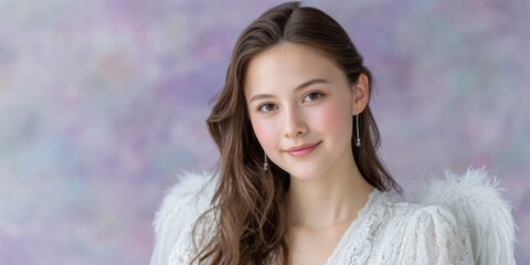 a beautiful young girl dressed as an angel, with white wings and a soft, feathered dress, smiling with sparkling eyes against a pastel background