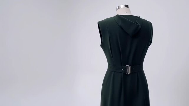 A dark green dress on a mannequin with a cinched waist