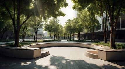 Fototapeta premium Modern Urban Plaza Featuring Curved Benches and Leafy Trees Environment fountain in the park