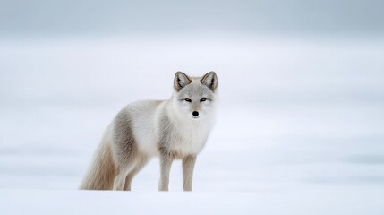 Naklejka premium Arctic Fox Standing In Snowy Landscape With Soft Lighting and Gray Tones