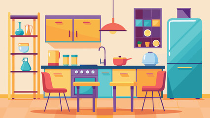 A vibrant kitchen scene featuring modern appliances and a cozy dining setup. isolated on white background, Vector