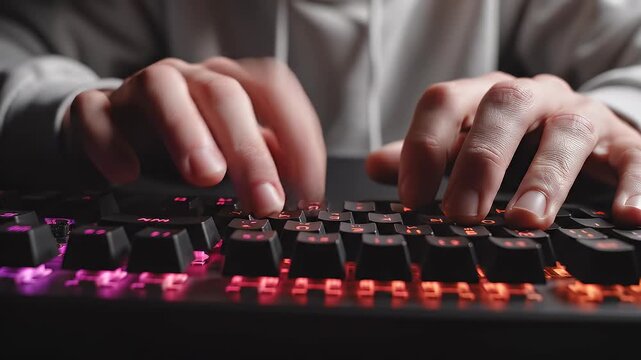 Typing fast on mechanical keyboard with blue neon backlight at night