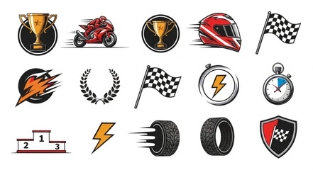 Motorcycle Racing Icons Set Speed Competition Elements. © Tuhin
