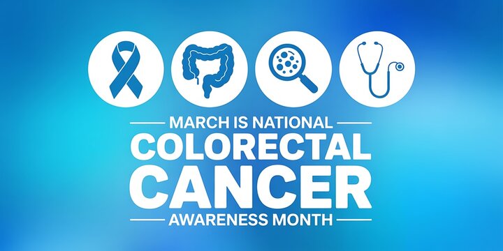 March is national colorectal cancer awareness month with icons representing ribbon colon magnifying glass and stethoscope on blue gradient background